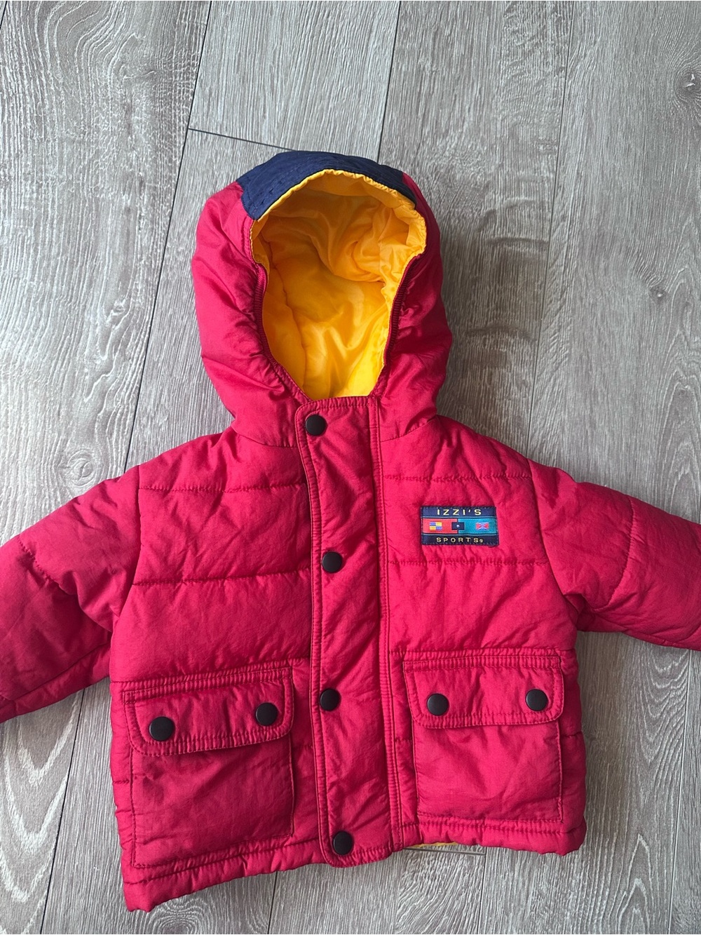 Vintage 90s Red Hooded Puffer Nylon Jacket with Yellow Lining by Izzi's Sports